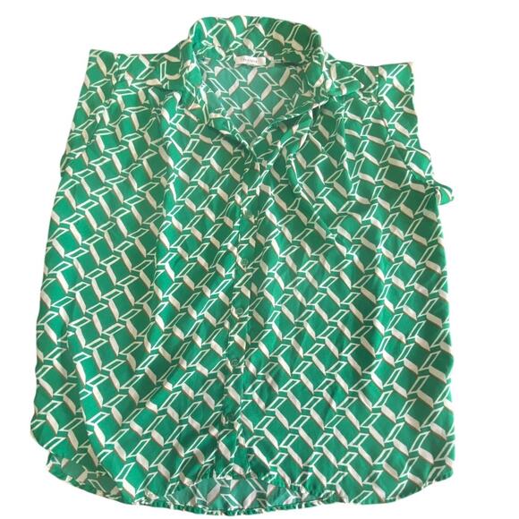 Pleione Green Geometric Print Sleeveless Button Down Blouse Size Small - Picture 2 of 5